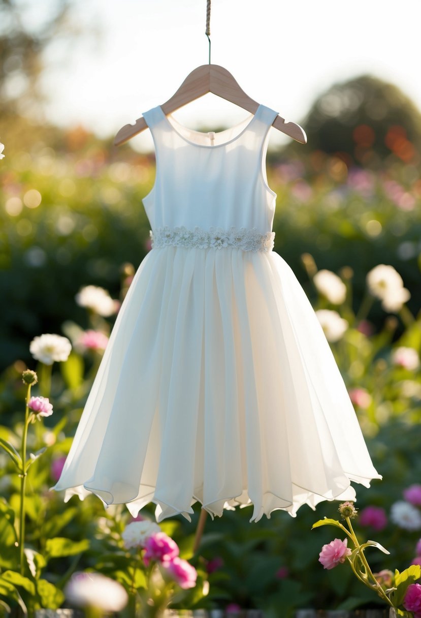 A delicate chiffon flower girl dress with a petal hem, surrounded by blooming flowers and soft sunlight