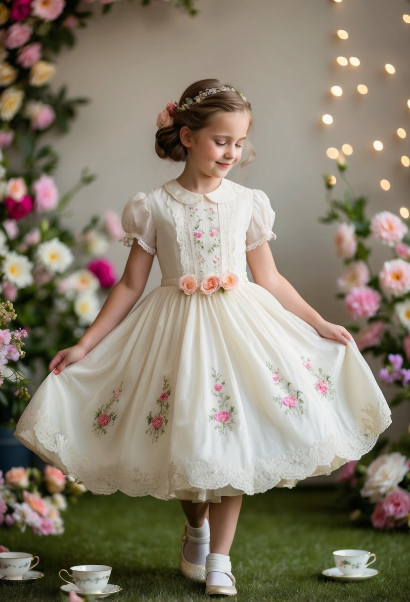 A 9-year-old girl twirls in a vintage tea-length dress, adorned with lace and delicate embroidery, surrounded by blooming flowers and dainty tea cups