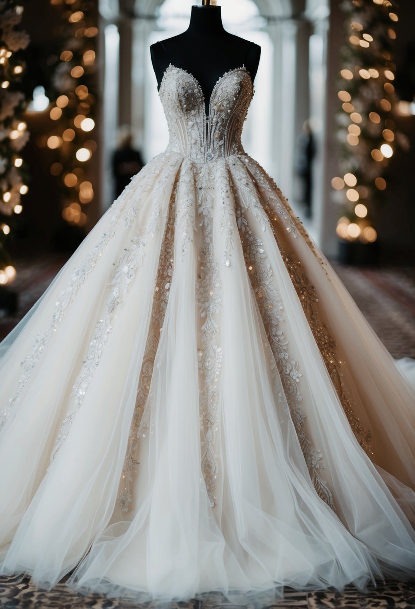 An ornate tulle wedding dress with intricate embellishments cascading down the skirt, evoking a sense of 90s glamour and opulence