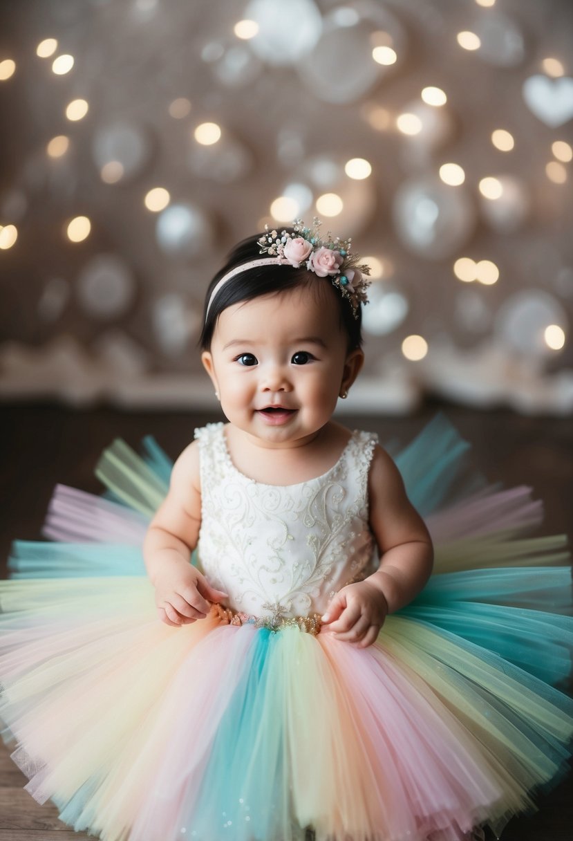 A 6-month baby girl's wedding dress: a pastel rainbow tutu with glitter accents, delicate and whimsical