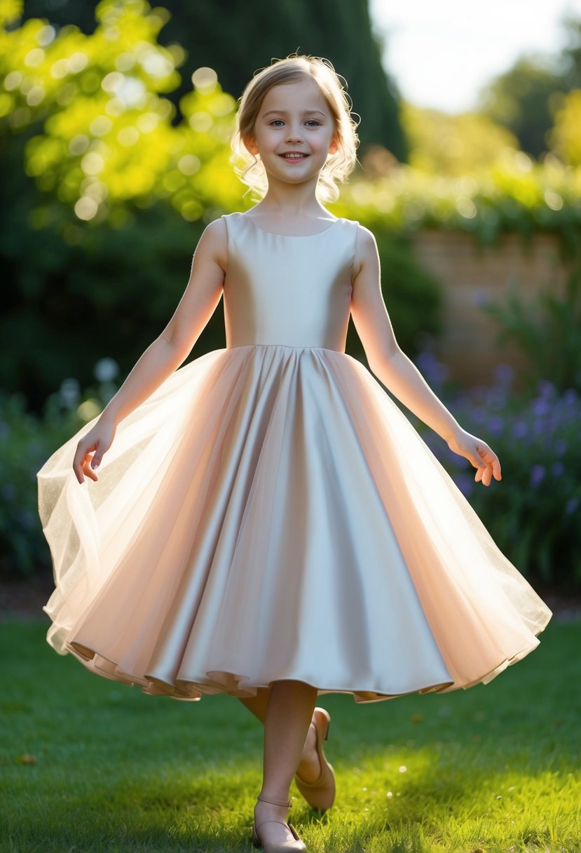 A 9-year-old girl twirls in a silk A-line dress with a tulle overlay, the fabric billowing around her as she dances in a sunlit garden