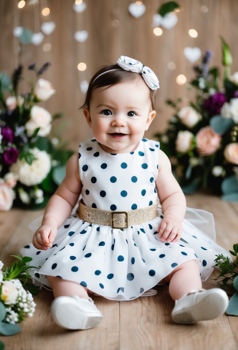 A 6-month-old baby girl wearing a polka dot dress with a removable belt, surrounded by wedding-themed decor and flowers