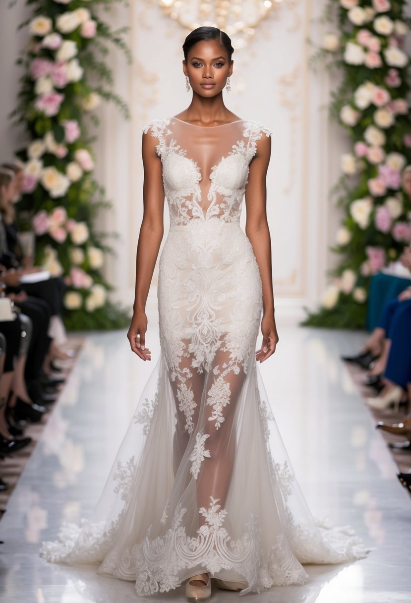 A model wearing a sheer lace 90s runway wedding dress, with intricate details and a flowing silhouette, standing in front of a grand, floral-adorned backdrop