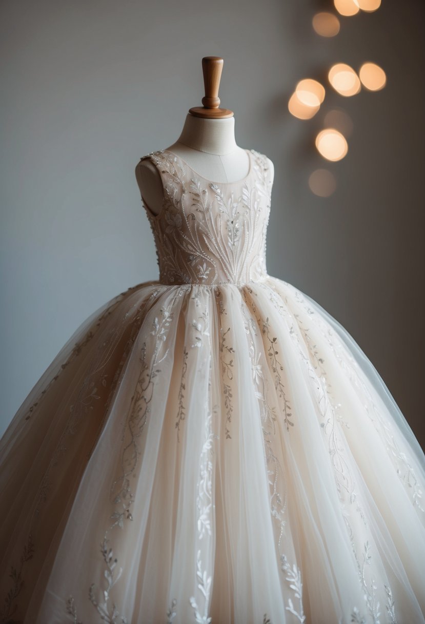 A delicate, embroidered tulle ballgown draped over a child-sized mannequin