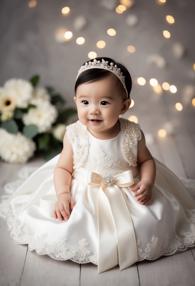 A 6-month baby girl's wedding dress with an attached capelet, featuring delicate lace and satin fabric, adorned with tiny pearls and a ribbon sash