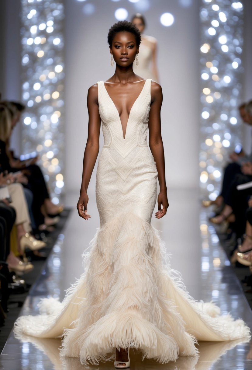 A model walks down a runway in a 90s-inspired wedding dress with a feathered train, exuding elegance and sophistication