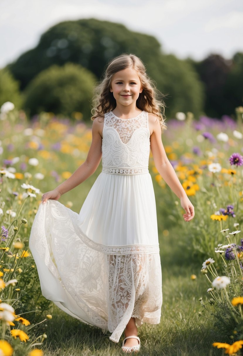 A 9-year-old girl twirls in a boho chic lace maxi dress, surrounded by wildflowers at a wedding