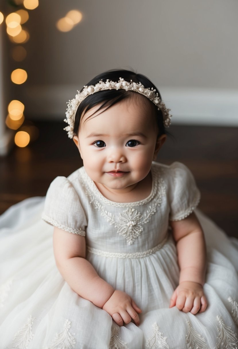 A delicate linen dress with intricate embroidered trim, perfect for a 6-month-old baby girl's wedding attire