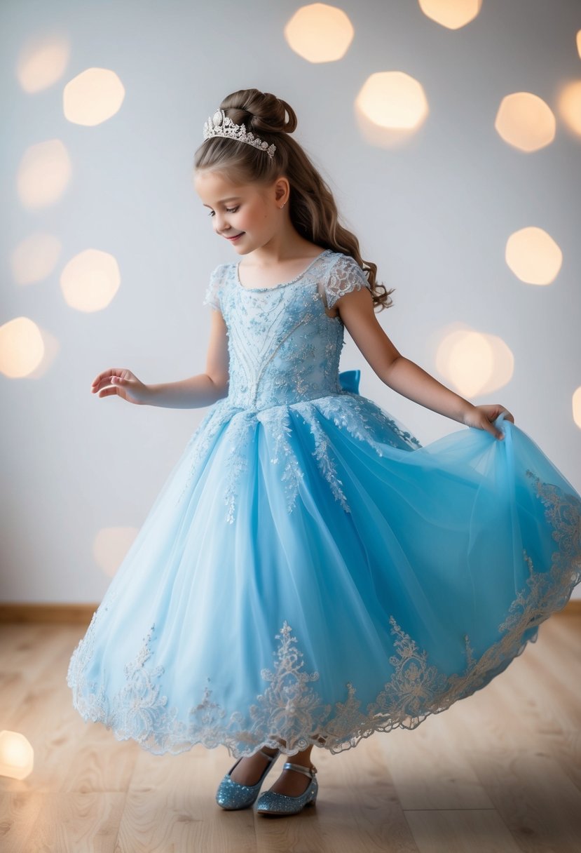 A 9-year-old girl twirls in a Cinderella-inspired blue dress, adorned with delicate lace and shimmering sequins, imagining herself as a princess on her wedding day