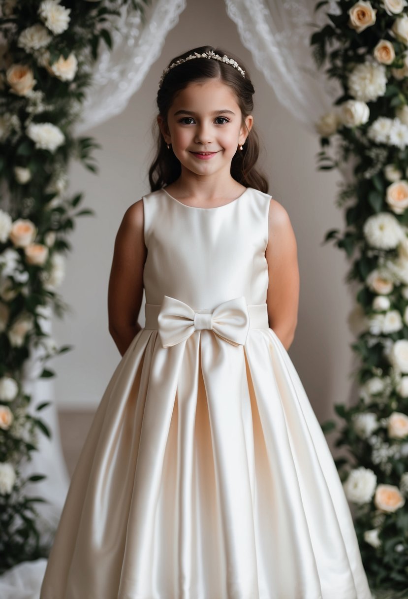 A 9-year-old girl stands in a satin dress with a bow detail, surrounded by flowers and lace, in a wedding setting