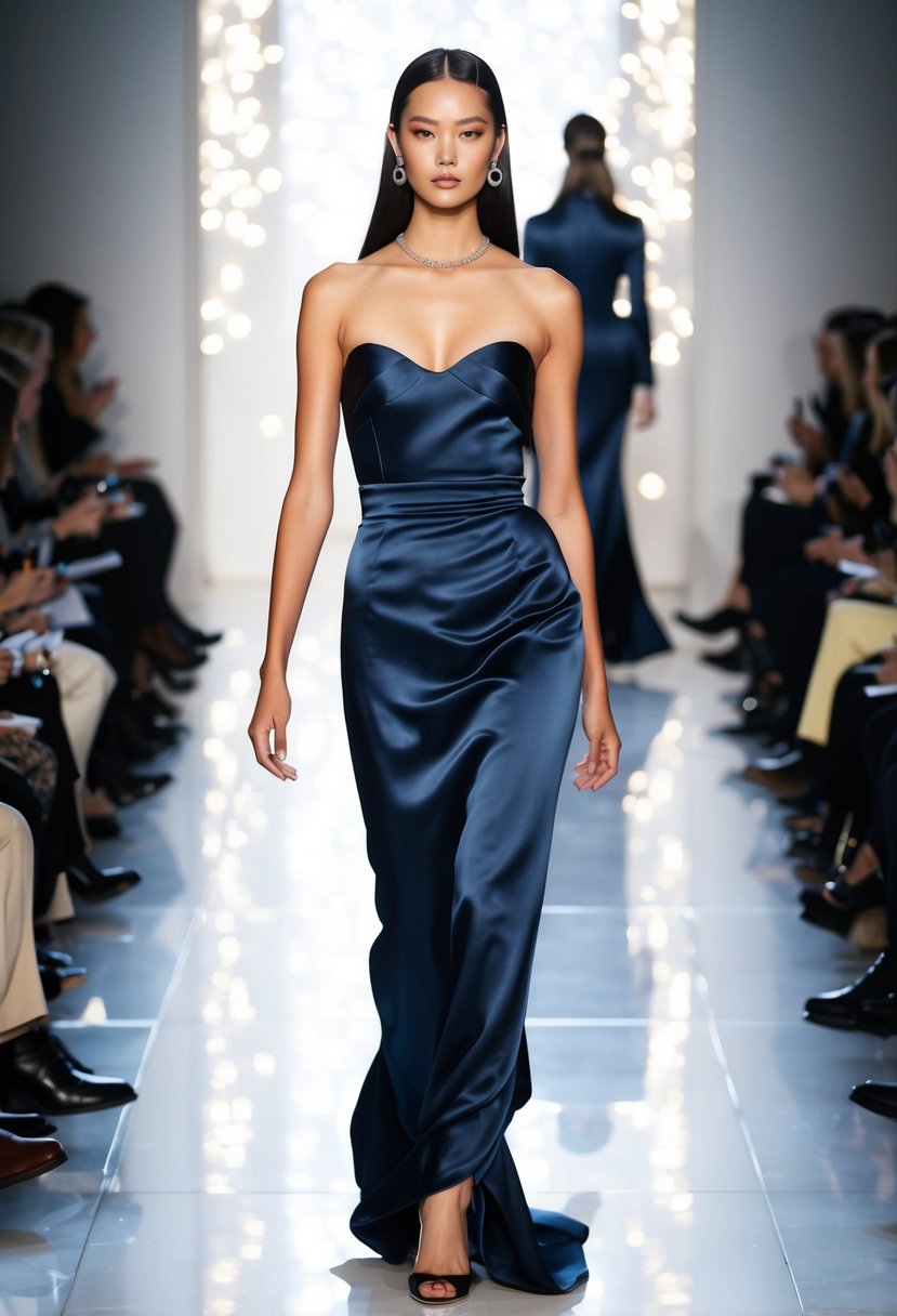 A model walks down the 90s runway in a sleek Dior silk gown, exuding minimalist elegance