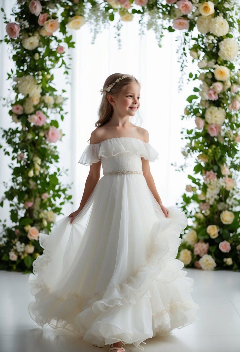 A 9-year-old girl twirls in a flowing off-shoulder ruffle dress, surrounded by blooming flowers and delicate lace details, envisioning her dream wedding dress