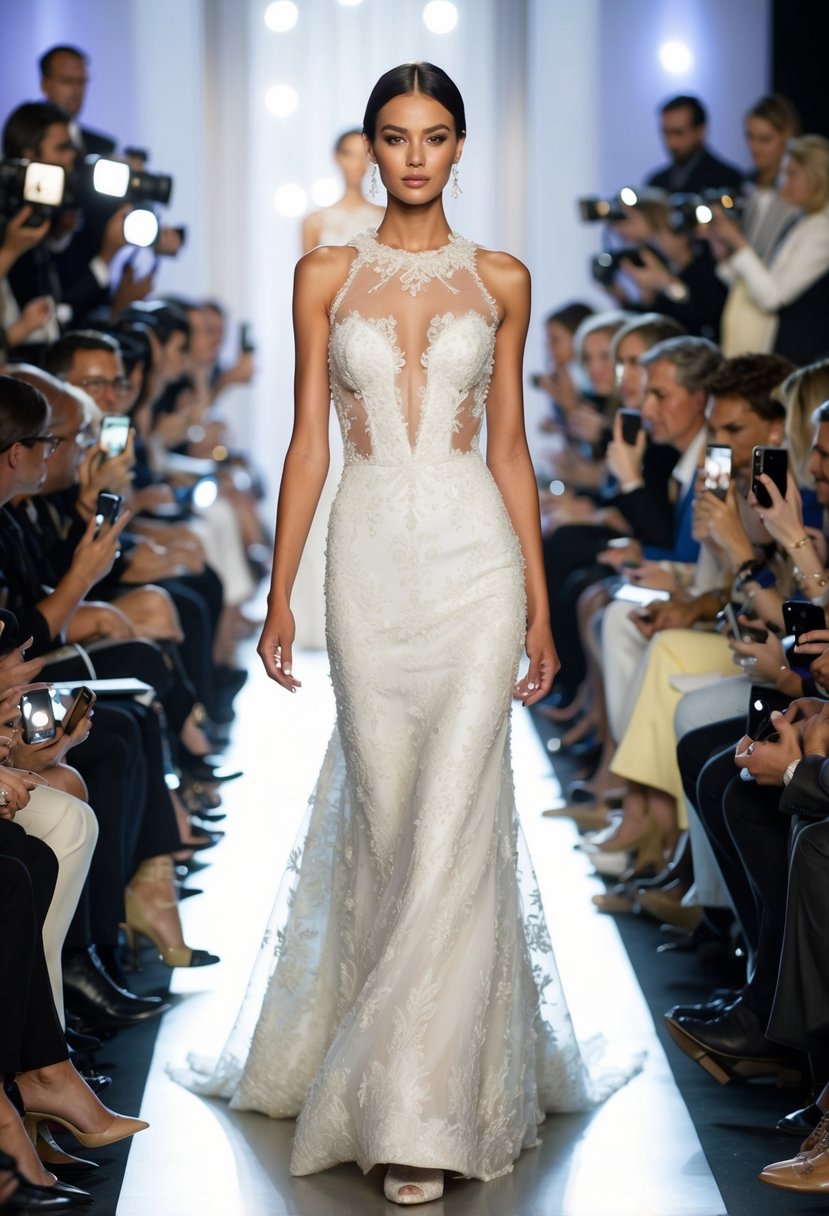 A model walks down a 90s runway in a Zuhair Murad illusion neckline wedding dress, surrounded by flashing cameras and admiring spectators