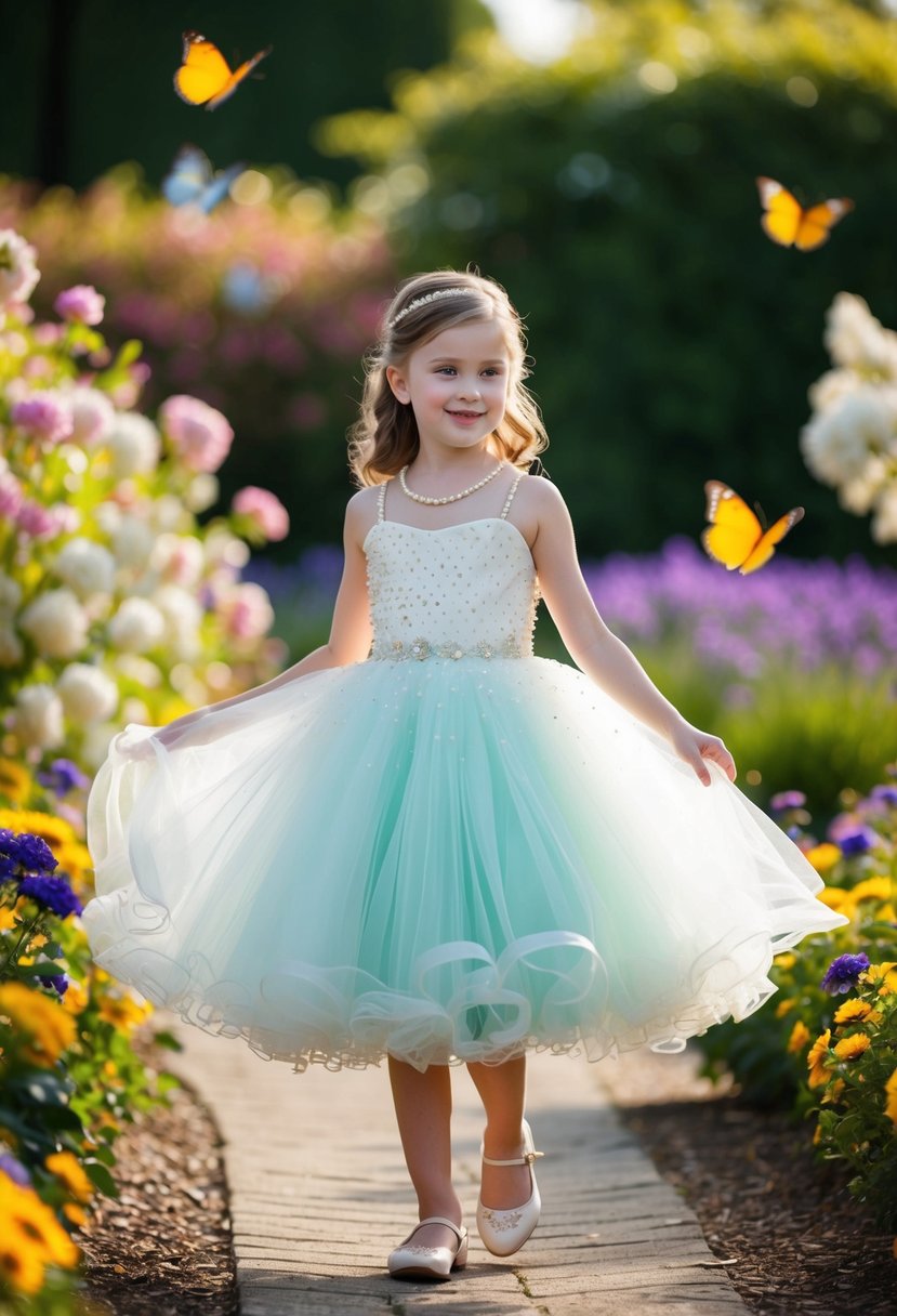 A 9-year-old girl twirls in a pearl-embellished tulle gown, surrounded by a garden of blooming flowers and fluttering butterflies