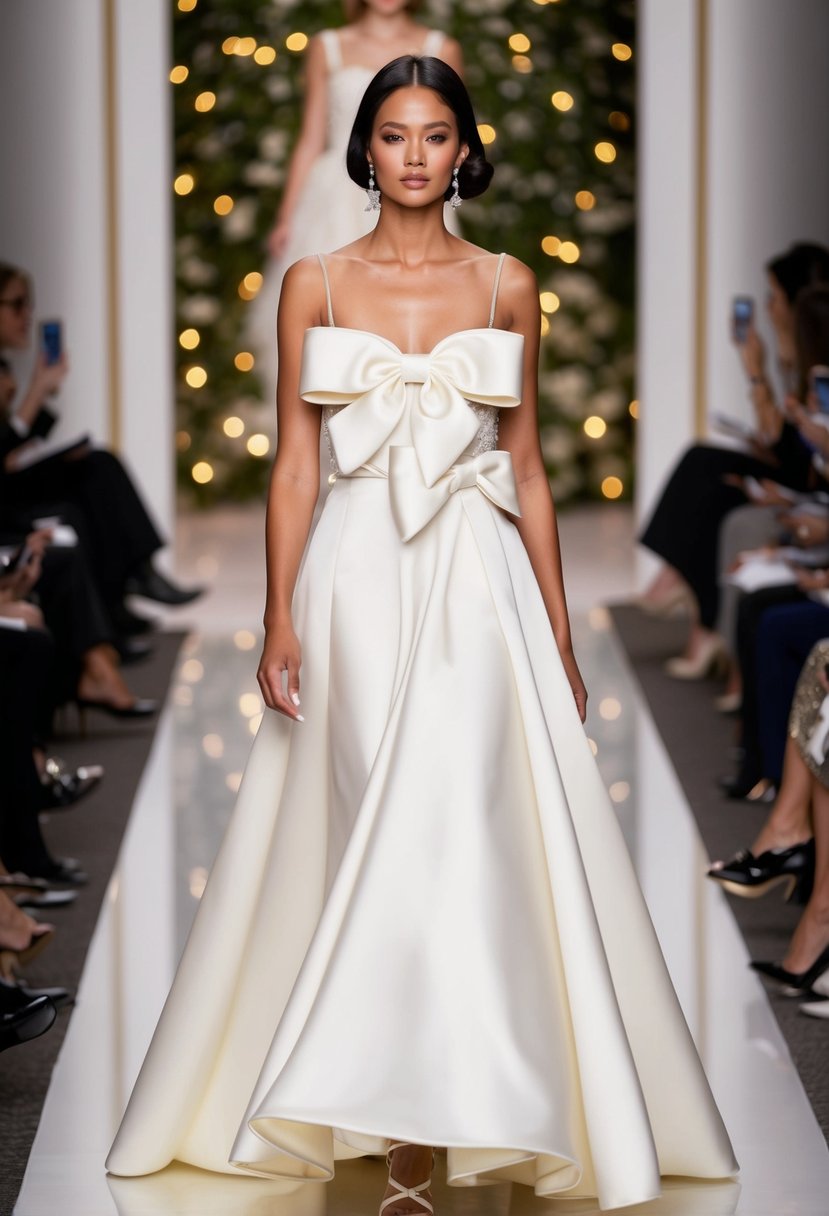 A model walks down the runway in a Carolina Herrera Bow-Detail Dress from the 90s, showcasing elegant and timeless wedding dress ideas