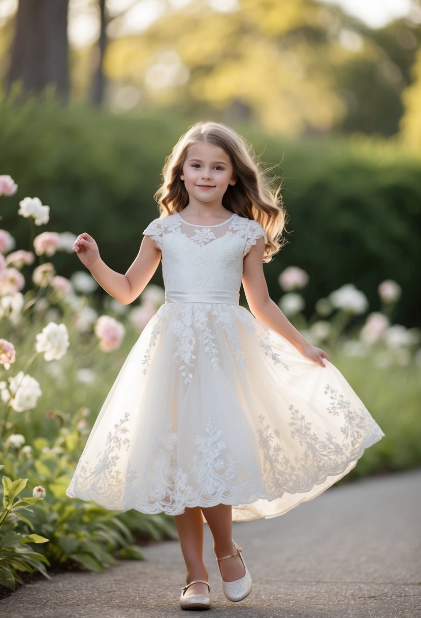 A 9-year-old girl twirls in an ivory lace dress with cap sleeves, surrounded by delicate flowers and soft lighting