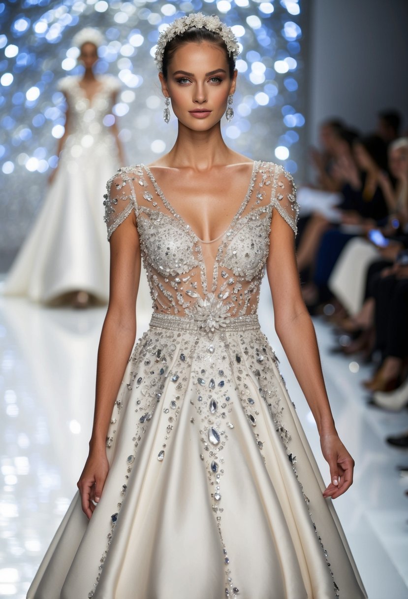 A 90s runway wedding dress adorned with sparkling crystal embellishments, exuding elegance and glamour