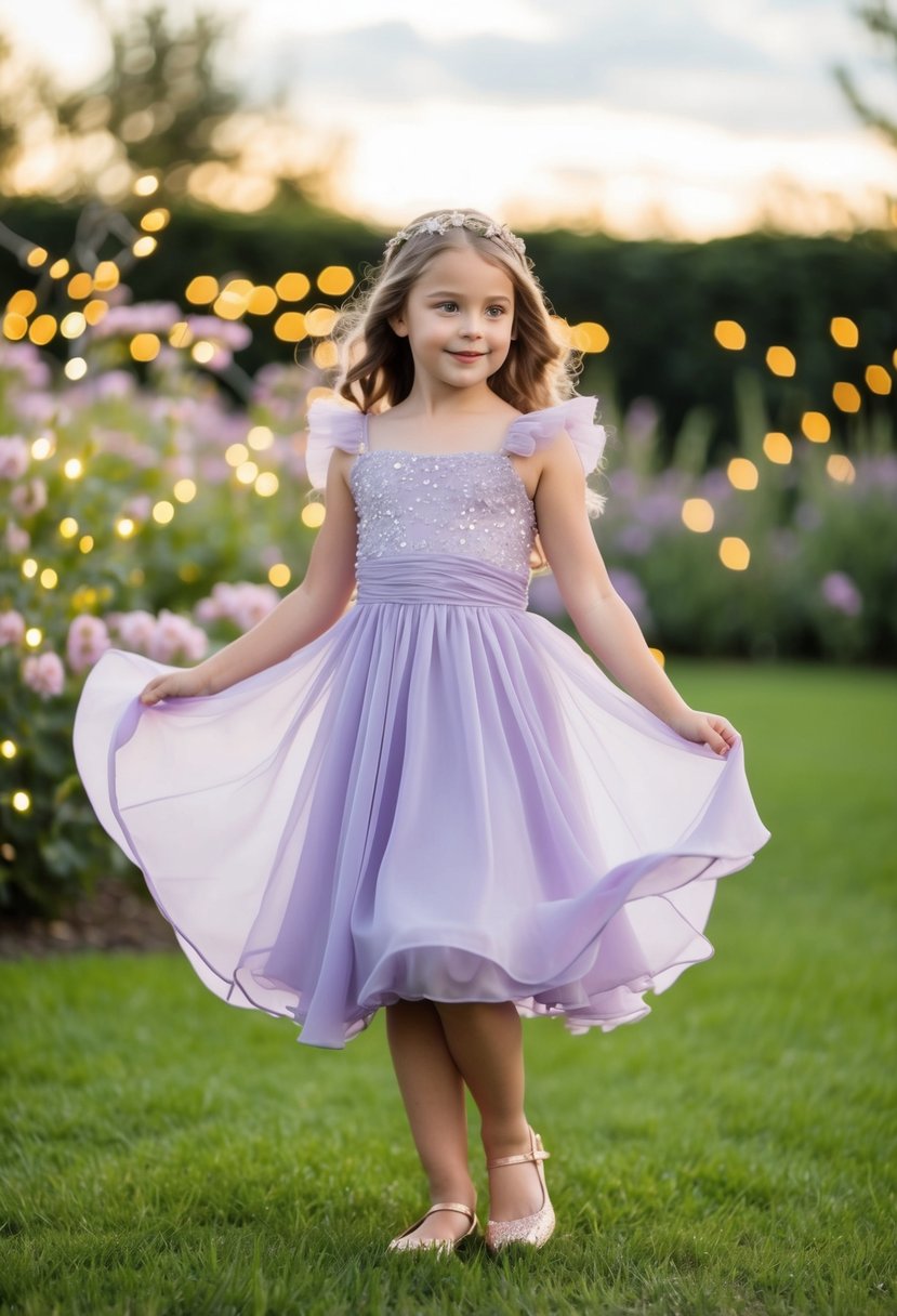 A 9-year-old girl twirls in a lavender chiffon fairy dress, surrounded by a garden of blooming flowers and sparkling fairy lights