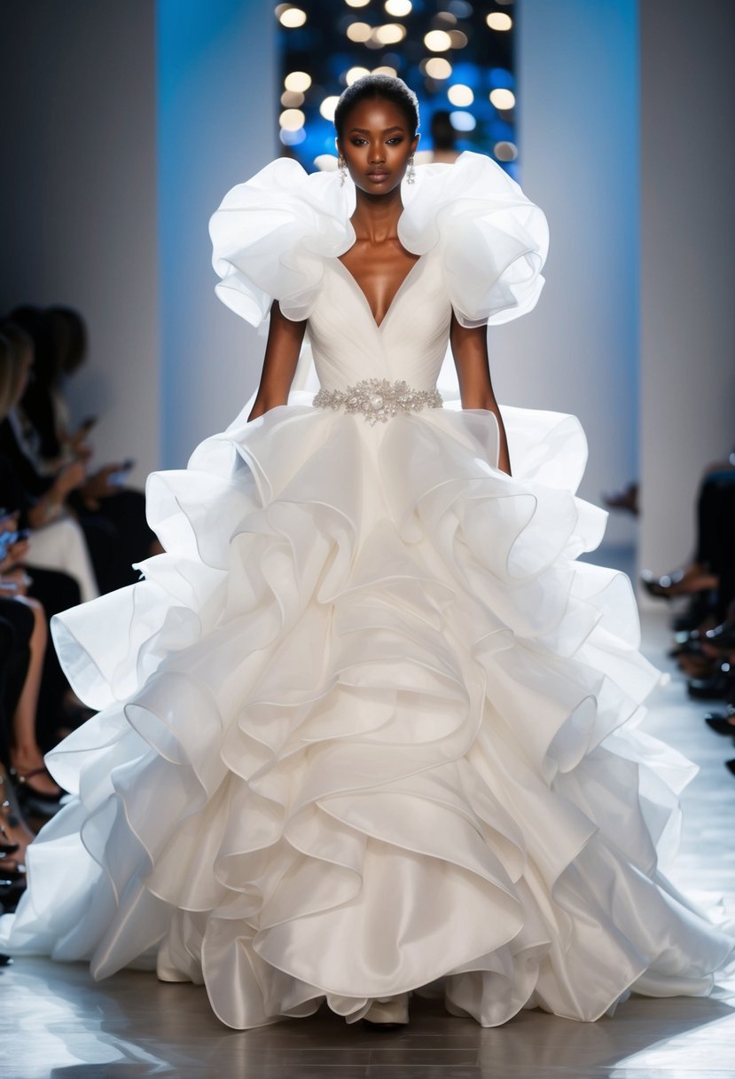 A voluminous ruffled organza wedding dress cascading down a 90s runway