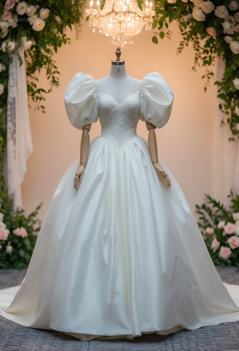 A mannequin wearing a voluminous 90s runway wedding dress with romantic puff sleeves, surrounded by vintage lace and floral accents