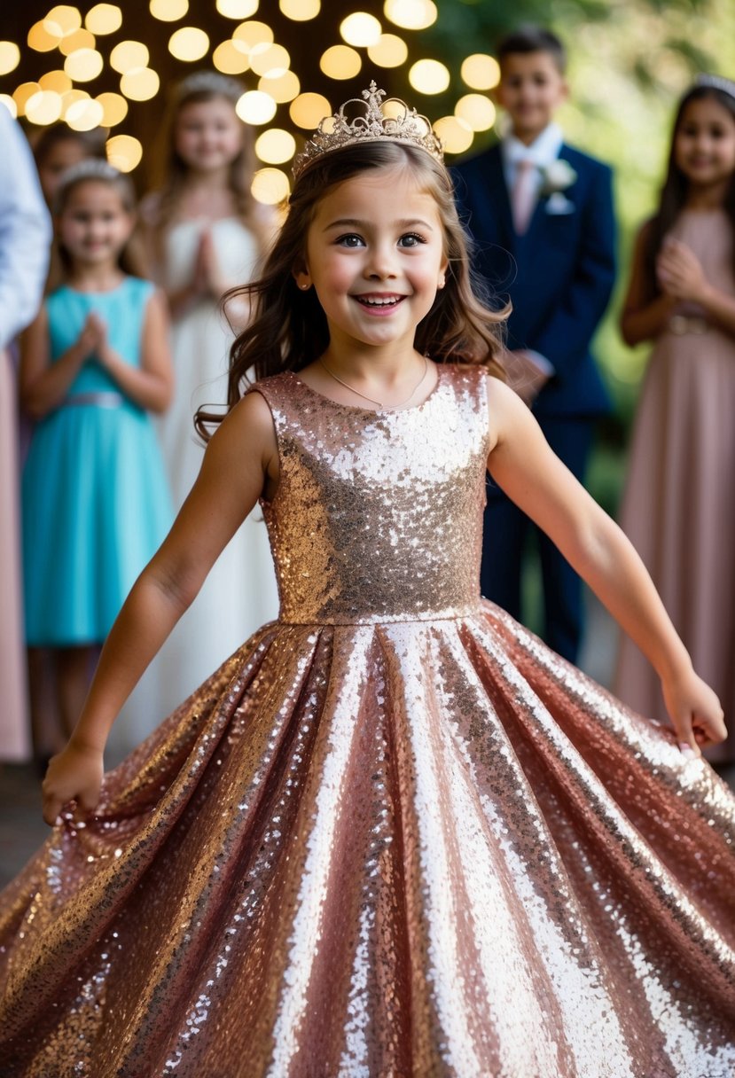 A 9-year-old girl twirls in a shimmering rose gold sequin dress, her eyes sparkling with excitement as she imagines herself as a princess at a wedding