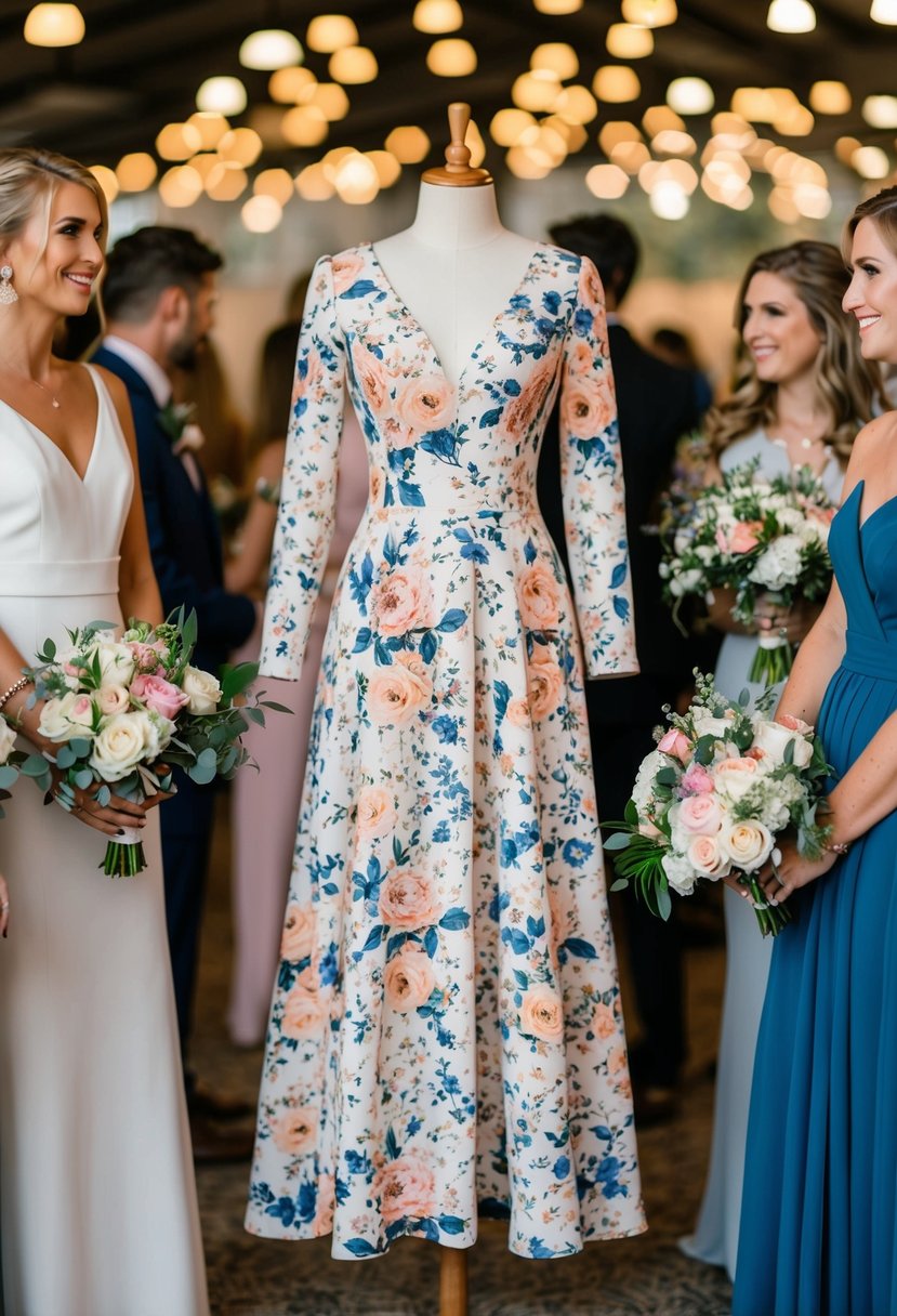 A floral long sleeve dress on a mannequin, surrounded by wedding guest accessories and a bouquet of flowers