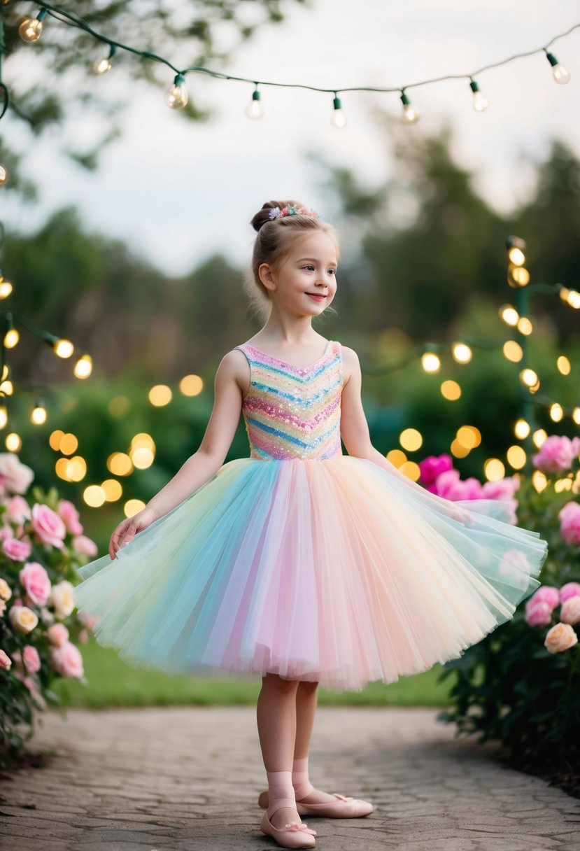 A 9-year-old girl twirls in a pastel rainbow tulle ballerina dress, surrounded by blooming flowers and sparkling fairy lights