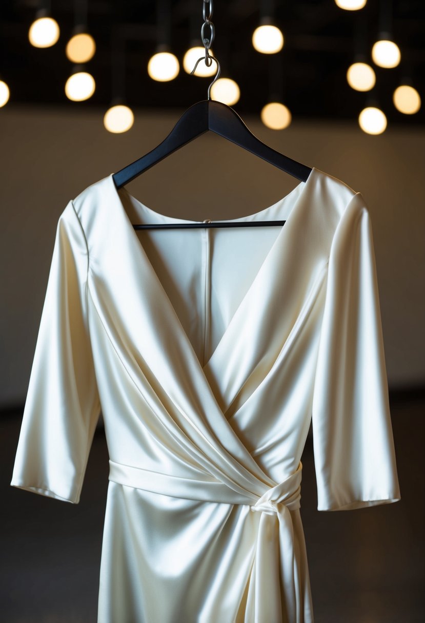 A flowing satin dress hangs on a hanger, with soft light illuminating its elegant 3/4 sleeves and graceful wrap design