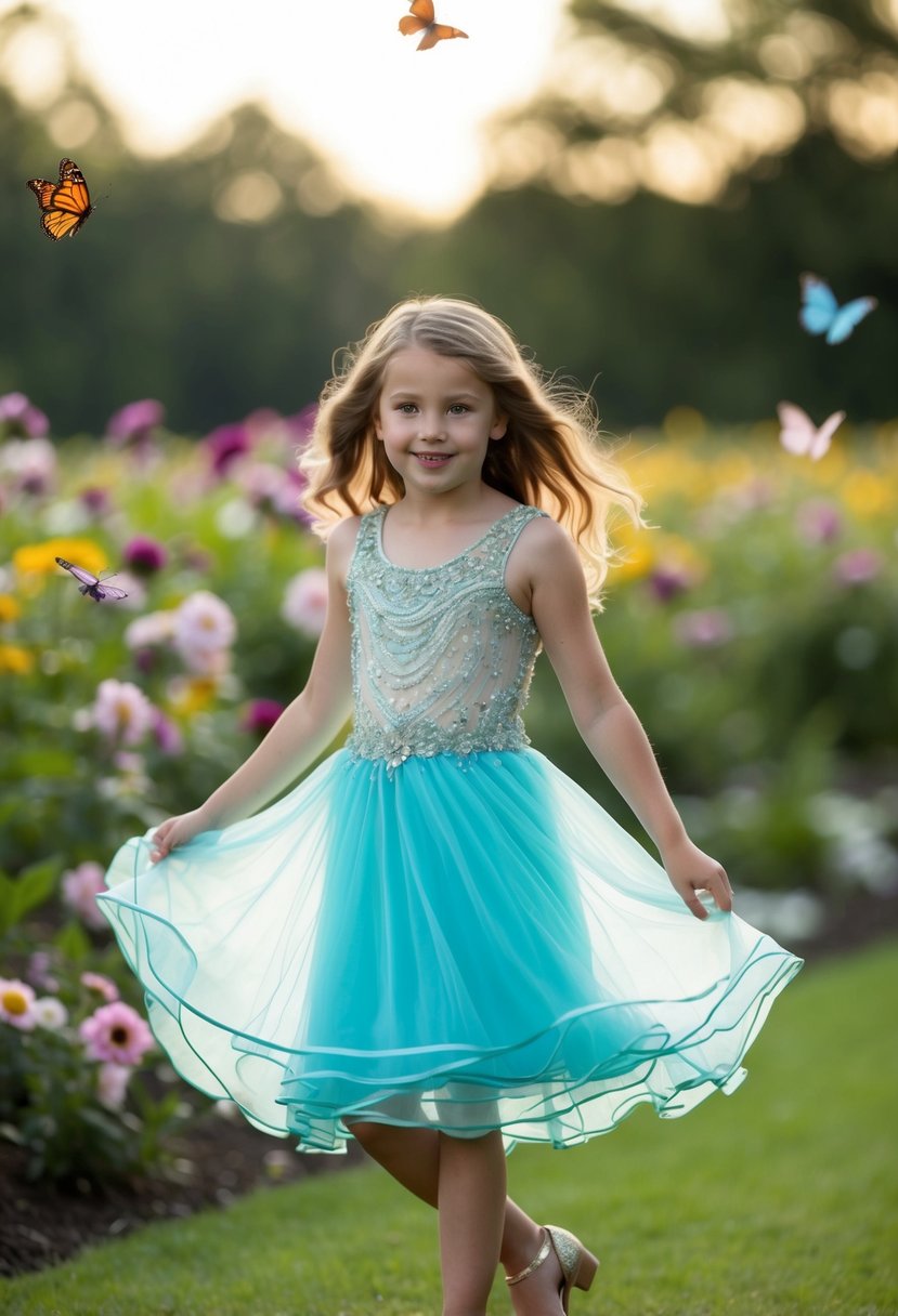 A 9-year-old girl twirls in a beaded bodice dress with a layered skirt, surrounded by flowers and butterflies