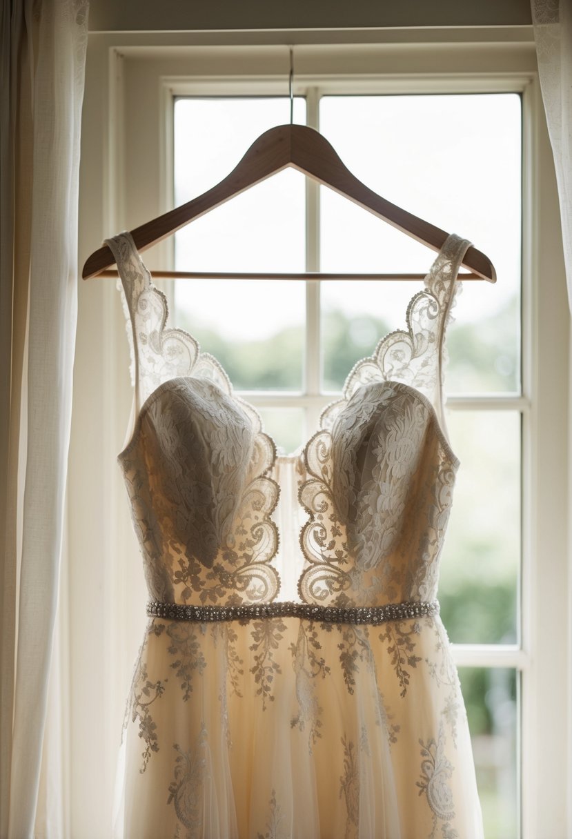 An elegant lace gown hanging on a vintage wooden hanger, draped with delicate fabric and illuminated by soft, natural light