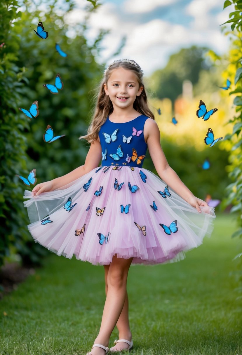 A 9-year-old girl twirls in a butterfly applique tulle dress, surrounded by fluttering butterflies in a garden