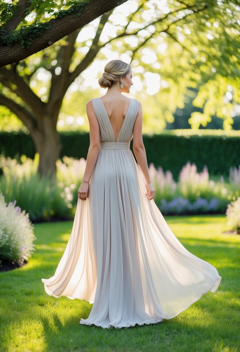 A flowing chiffon maxi dress in a garden setting, with soft sunlight filtering through the trees, creating a romantic and elegant atmosphere