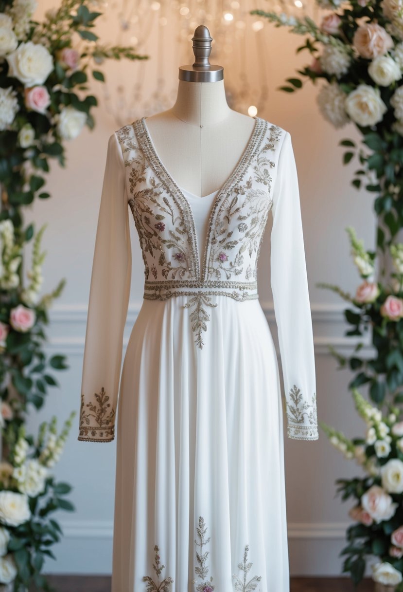 A mannequin wearing a long-sleeve midi wedding guest dress with intricate embroidery, set against a romantic backdrop of flowers and elegant decor