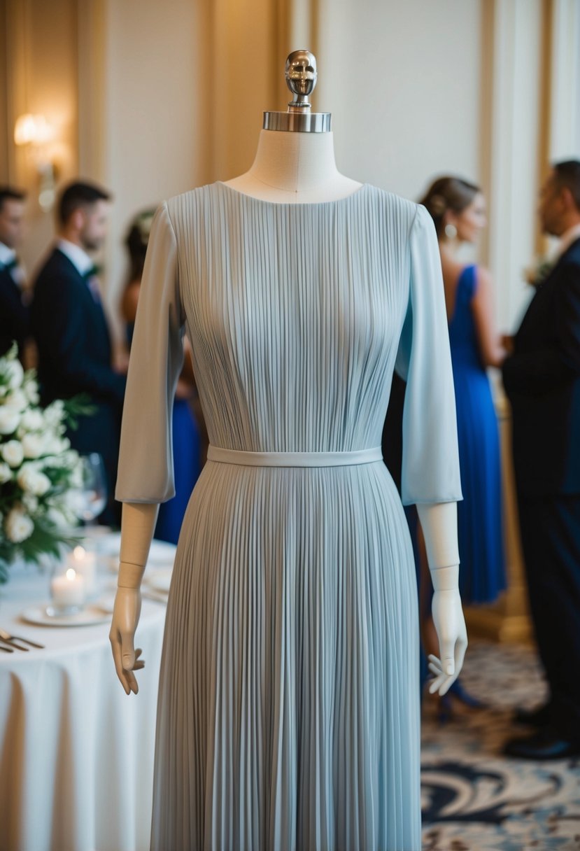 A mannequin wearing a pleated long sleeve evening dress, with elegant 3/4 sleeves, standing in a luxurious wedding guest setting