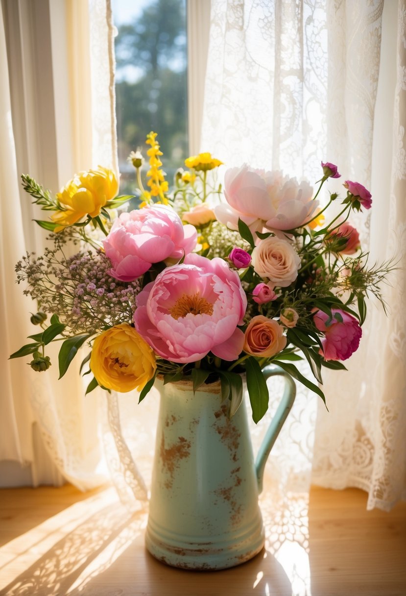 A vibrant bouquet of peonies, roses, and wildflowers in a rustic, pastel-colored vase. Sunshine streams through a lace curtain, casting soft shadows on the delicate petals