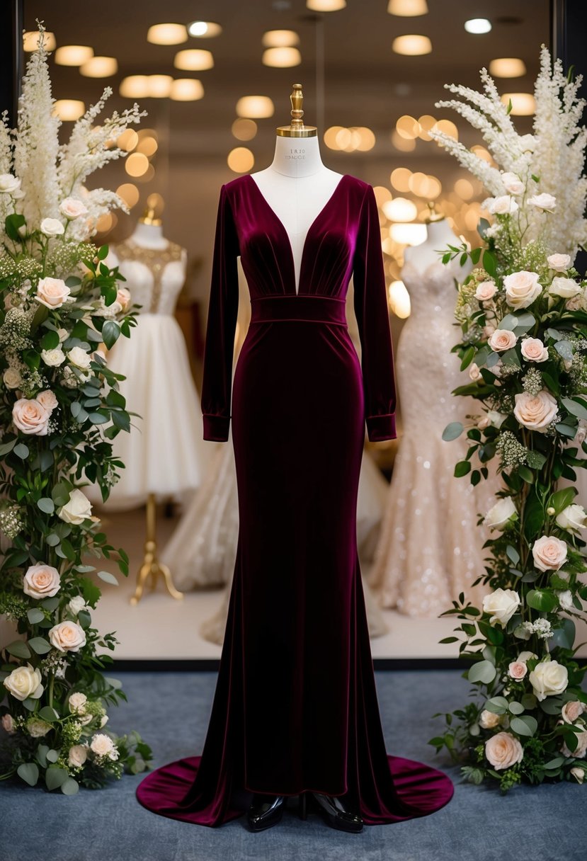 A velvet long sleeve cocktail dress displayed on a mannequin, surrounded by elegant accessories and floral arrangements, in a luxurious wedding guest dress display