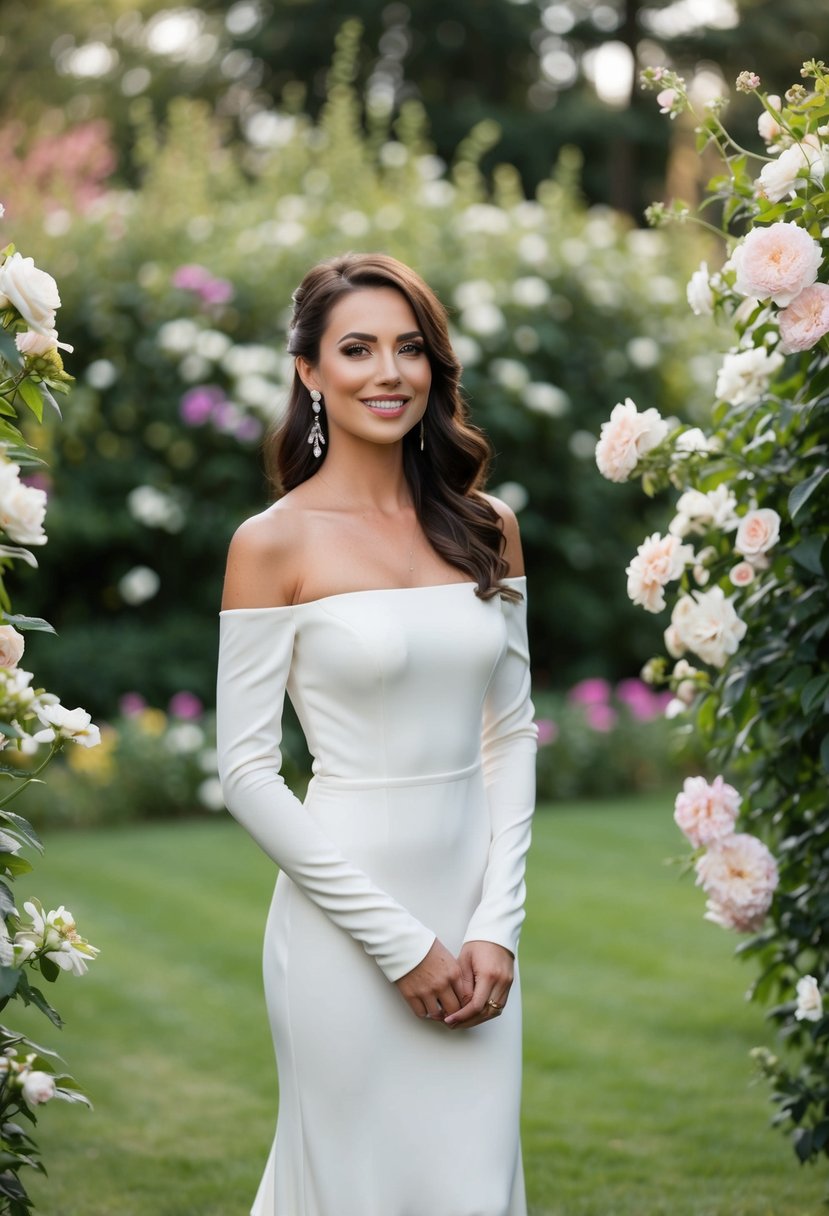 A woman in an off-the-shoulder long sleeve dress, standing in a garden at a wedding, surrounded by blooming flowers and greenery