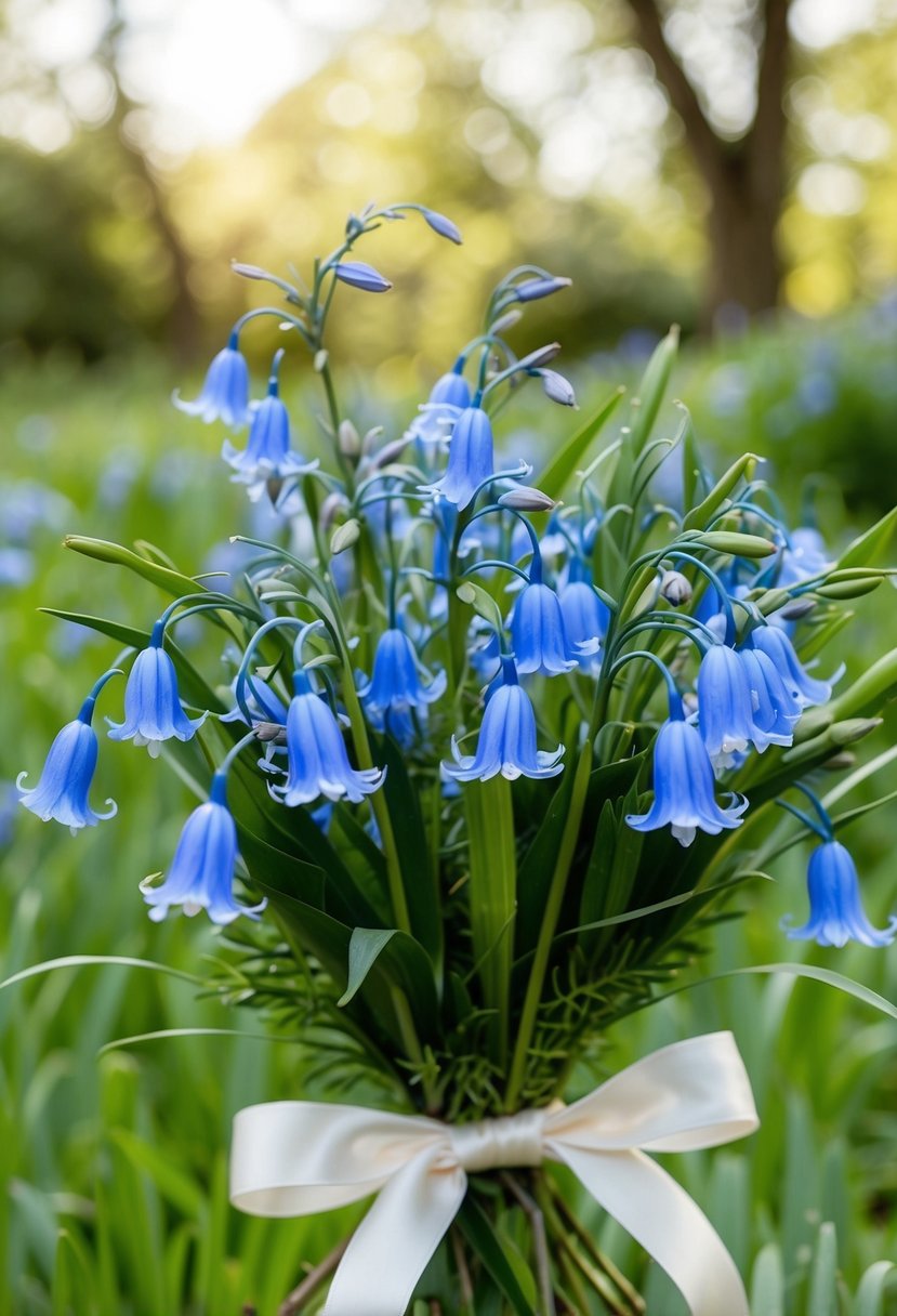 A delicate arrangement of bluebells and greenery, tied with a satin ribbon