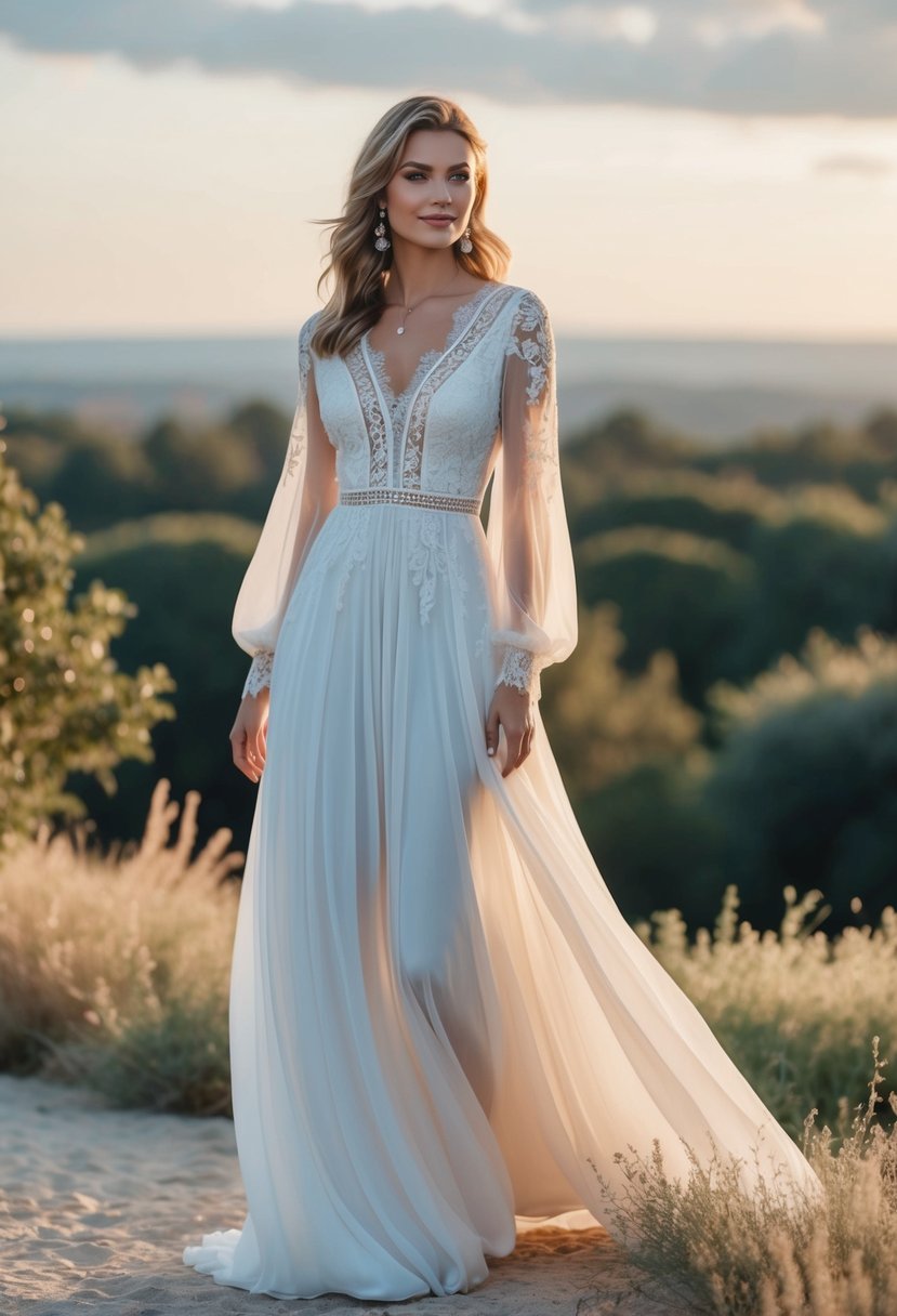 A flowing, bohemian-style long sleeve wedding guest dress with intricate lace details and a relaxed, elegant silhouette