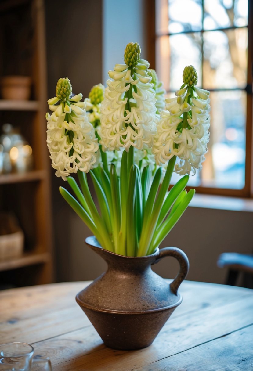 A vibrant bouquet of sweet-smelling hyacinths arranged in a rustic vase