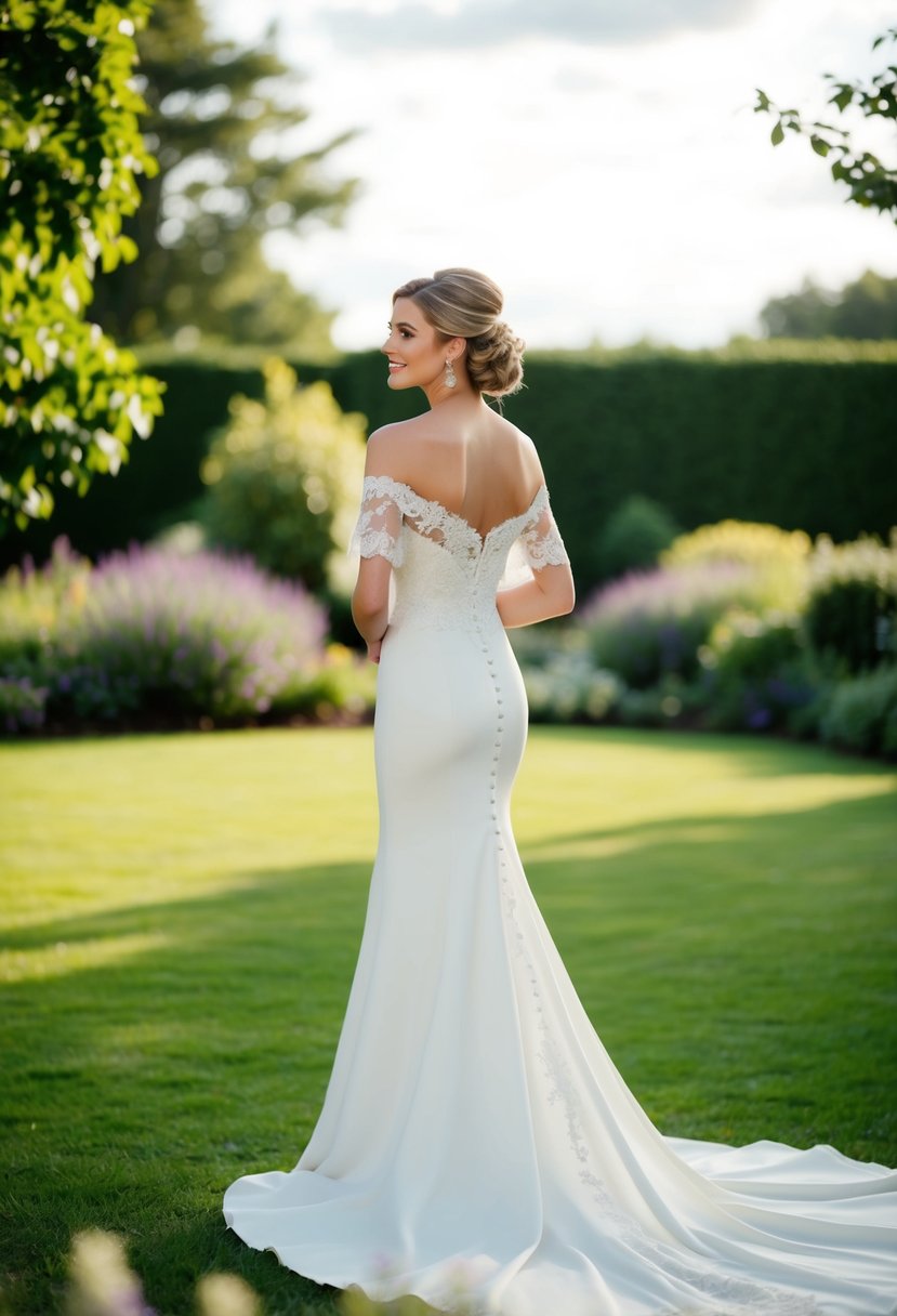 A bride stands in a garden, wearing an elegant off-the-shoulder wedding dress with delicate lace details and a flowing train