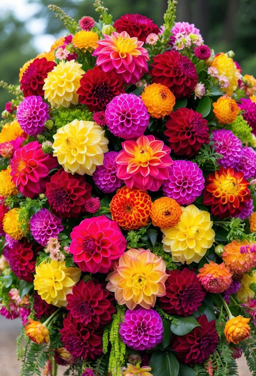 A colorful array of vibrant dahlias arranged in a cascading bouquet, with greenery and smaller blooms interspersed throughout