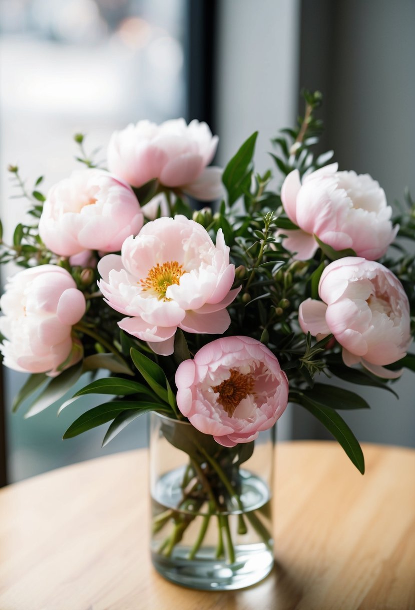 A delicate arrangement of soft pink peonies, with greenery, in a glass vase