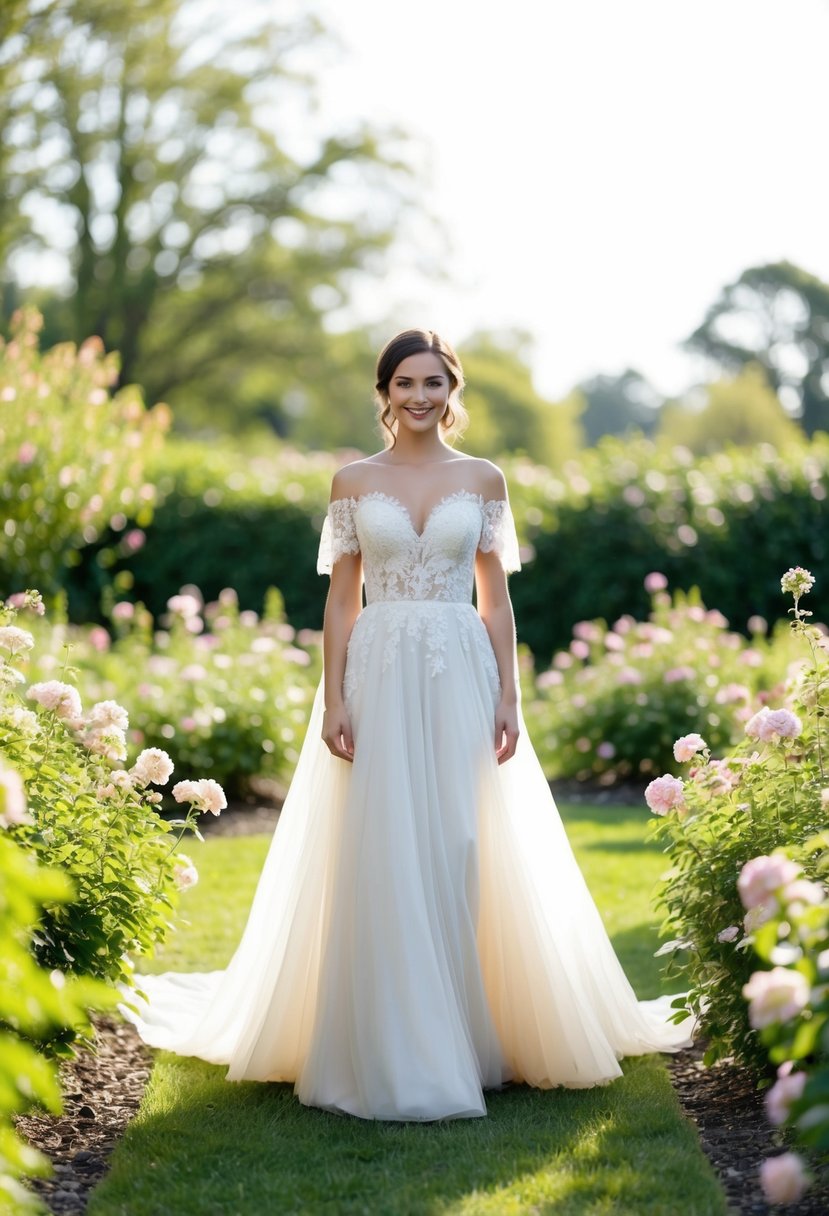 A bride stands in a garden, wearing a flowing off-the-shoulder lace gown, surrounded by blooming flowers and soft sunlight