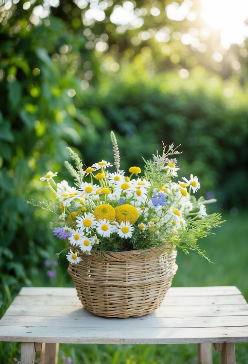 A delicate bouquet of chamomile, daisies, and wildflowers in a rustic, woven basket, set against a backdrop of lush greenery and soft sunlight