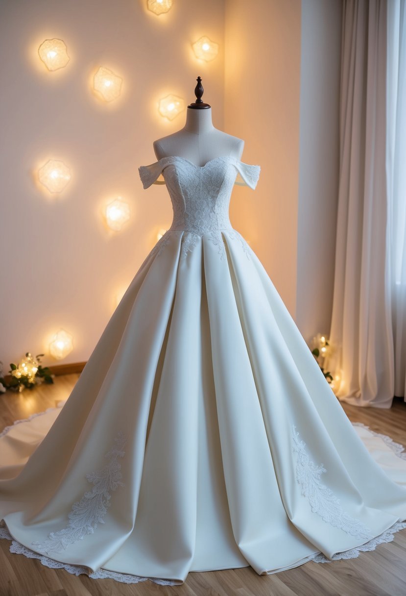 An elegant off-the-shoulder ball gown draped on a mannequin, surrounded by soft lighting and delicate lace accents