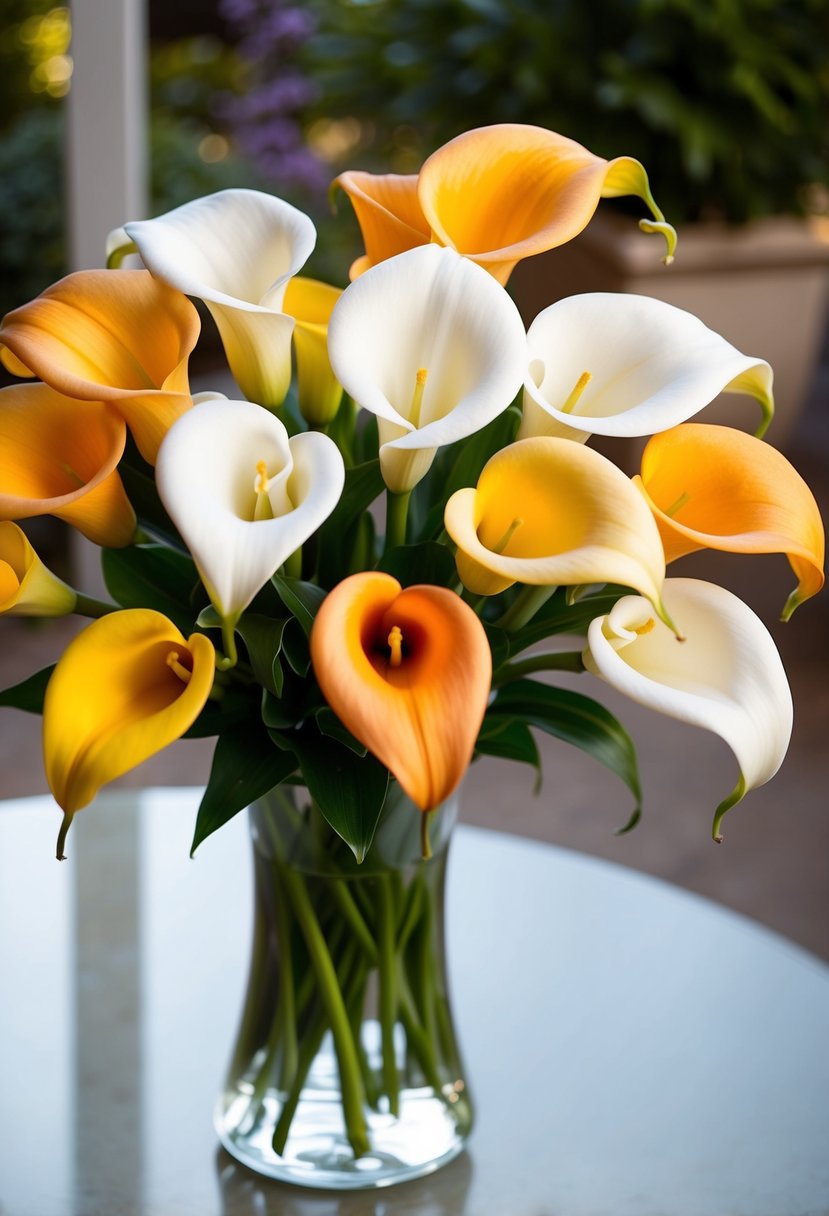 A vibrant bouquet of calla lilies, in shades of white, yellow, and orange, arranged in a glass vase on a sunlit table