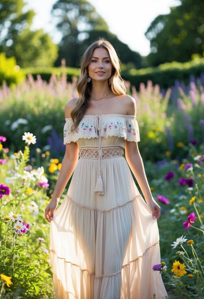 A woman in a boho-chic off-the-shoulder dress stands in a sunlit garden, surrounded by wildflowers and flowing fabric