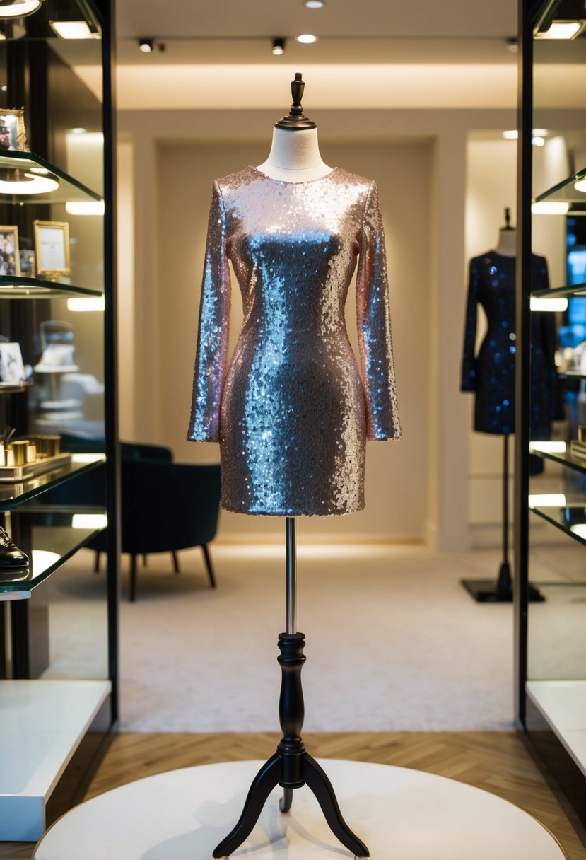 A sparkling sequin long sleeve mini dress displayed on a mannequin in a chic boutique