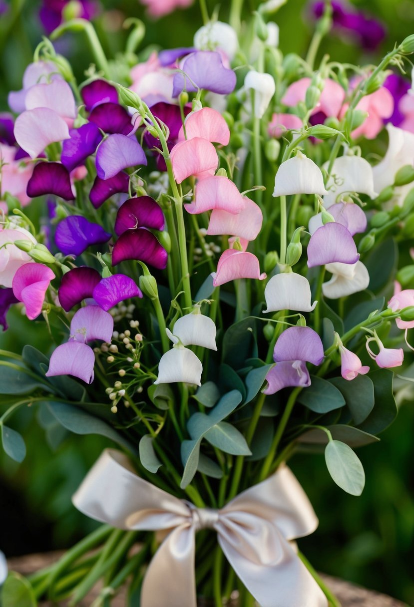 A lush bouquet of delicate sweet peas in shades of pink, purple, and white, intertwined with greenery and tied with a satin ribbon